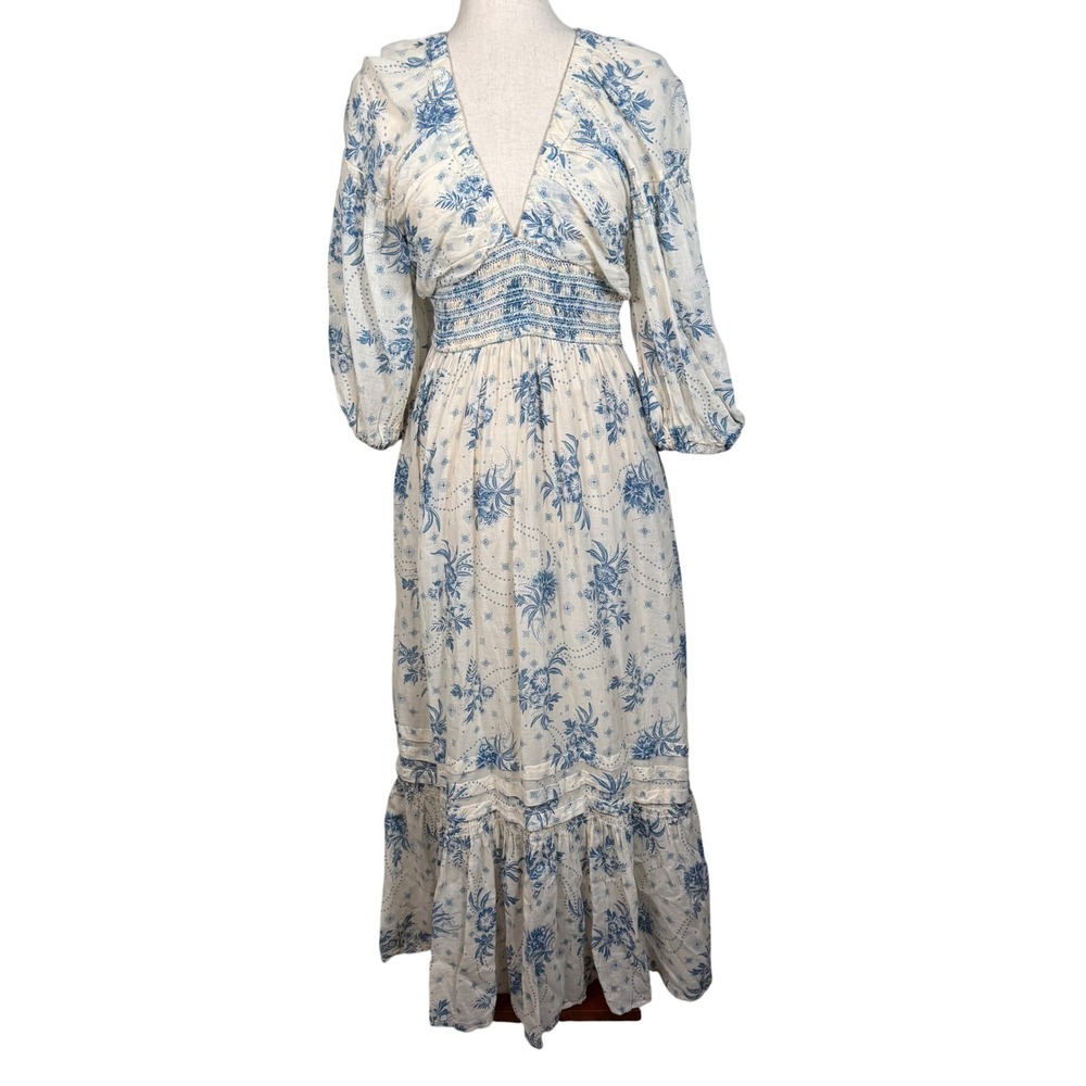 Free People Rare Feelings Maxi Dress Womens XS Ivory Blue Cotton Boho Floral New
